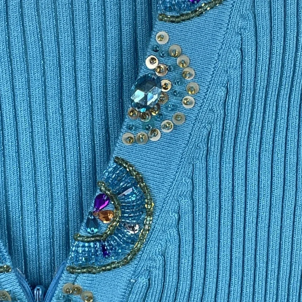Belldini® Blue Rib Knit Stretch Sleeveless Top W/ Colorful Rhinestones Size XL‎